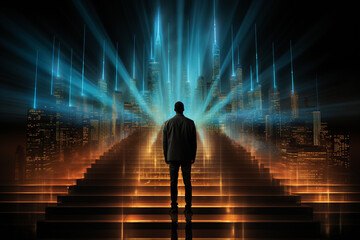 Obraz premium A man looking at a wall with stock graphics and buildings