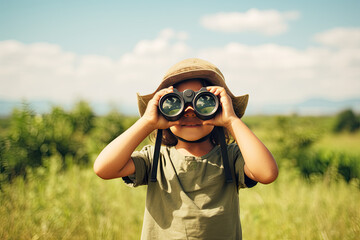 Little boy looking through binoculars in the park. Kid exploring nature - obrazy, fototapety, plakaty