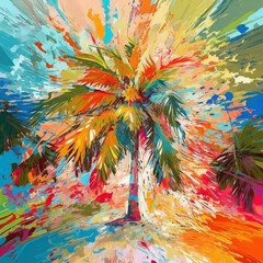 Abstract painting concept. Colorful art of a Caribbean palm tree landscape. Cuban culture. Generative AI.