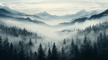 The tranquil beauty of a fog-covered valley, trees peeking through the mist.