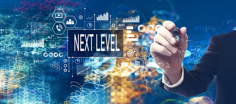 Next level concept with businessman in a bokeh neon light trails city night background - Powered by Adobe