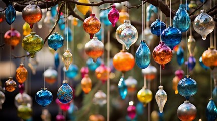 Vibrant ornaments of different shapes and sizes hanging from a festive tree. - obrazy, fototapety, plakaty