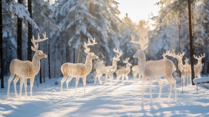 Whimsical reindeer decorations prancing amidst snow-covered pines.