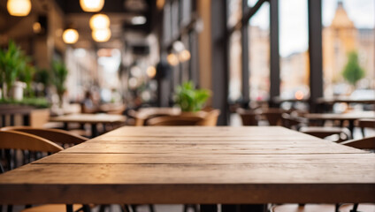 Fototapeta na wymiar empty wooden desk cafe with blurred background of city street