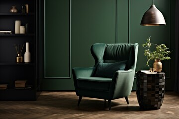 Living room with dark green armchair, table, and decor. Generative AI