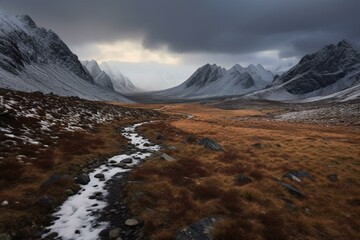 A curving trail through snowy peaks beneath a grey sky. Generative AI