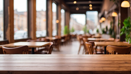 empty wooden desk cafe with blurred background of city street
