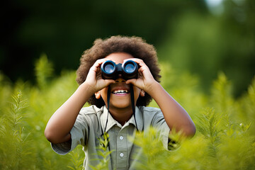 Fototapeta premium Little boy looking through binoculars in the park. Kid exploring nature