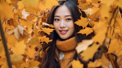 Naklejka na ściany i meble Asian woman with beautiful face behind autumn leaves