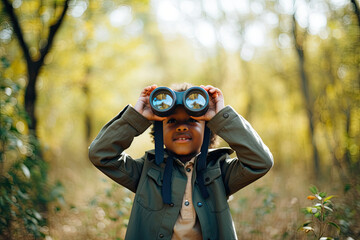 Little boy looking through binoculars in the park. Kid exploring nature