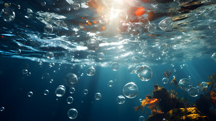 Illuminated underwater scene capturing oxygen bubbles gracefully rising towards the water's surface.