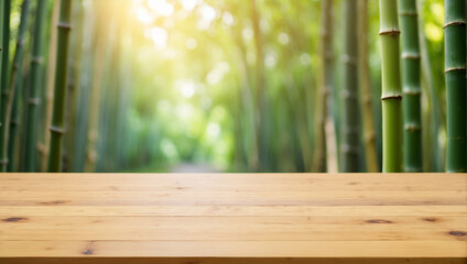empty wooden desk with blurred background of bamboo forest