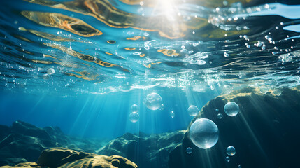 Illuminated underwater scene capturing oxygen bubbles gracefully rising towards the water's surface. - obrazy, fototapety, plakaty