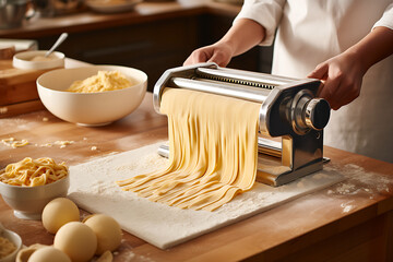 A pasta maker skillfully rolling out fresh pasta dough
