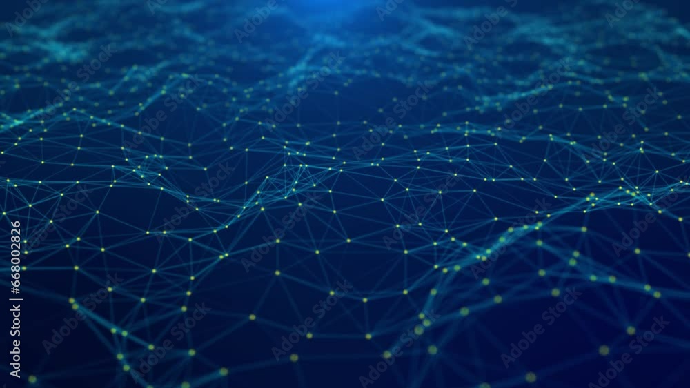 Poster blue digital wave lines background. big data business science technology network grid particles conn