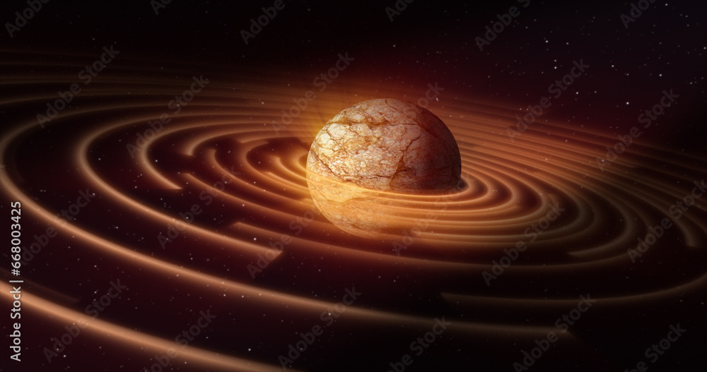 Poster abstract yellow brown space planet with a round asteroid belt ring futuristic hi-tech on the backgro