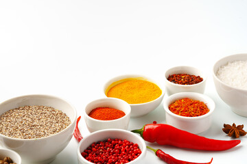 Beautiful composition with various spices on white background