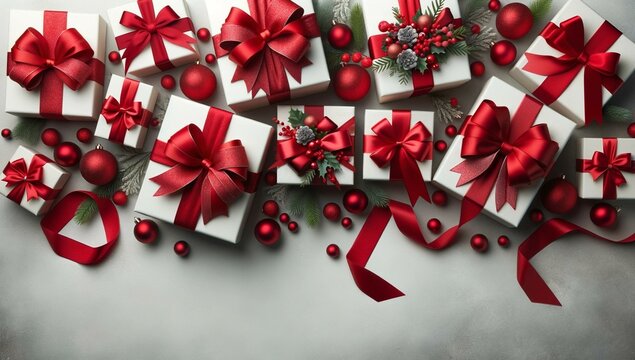 크리스마스 전나무 가지, 빨간 리본이 달린 선물 상자, 빨간 장식.
