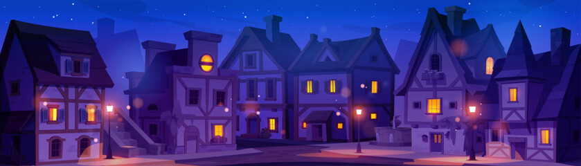Building in night old medieval germany town street. European ancient city or village landscape with road and mysterious streetlight. Historical cottage exterior and german environment illustration - obrazy, fototapety, plakaty
