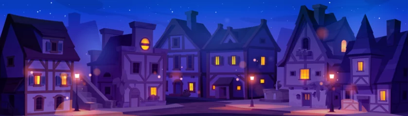 Photo sur Plexiglas Paysage fantastique Building in night old medieval germany town street. European ancient city or village landscape with road and mysterious streetlight. Historical cottage exterior and german environment illustration