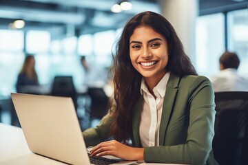 Portrait of young woman working on laptop computer in modern office, Confident  employee smiling happily while working with coworkers.