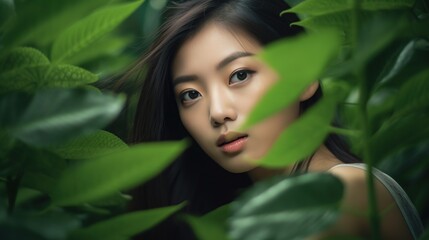 Fototapeta premium Woman asian with beautiful face behind tropical leaves