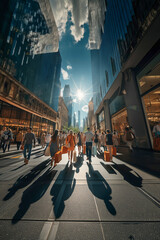 Obraz premium A woman holding shopping bags, walking on a street arund shops. People on crasy shoppig.