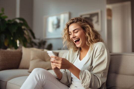 Happy excited young woman relaxing on couch using mobile phone winning in online app game. Young lucky girl feeling winner looking at cellphone, receiving great news or discount offer.