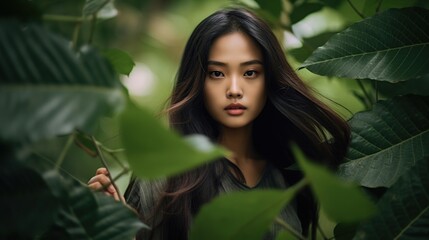 Woman asian with beautiful face behind tropical leaves