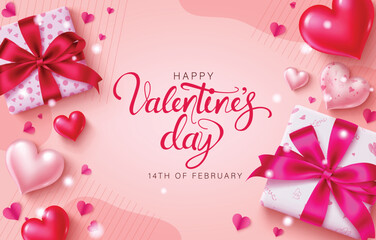 Fototapeta na wymiar Happy valentine's day text vector design. Valentine's day greeting card with gift boxes in elegant pattern wrapper for february celebration. Vector illustration hearts day invitation card. 