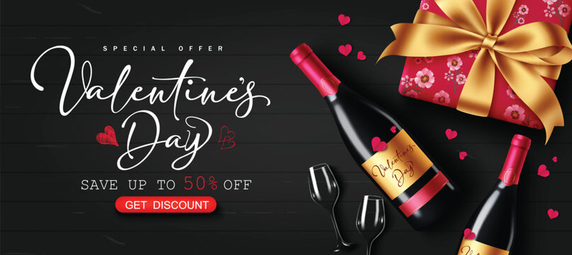 Valentine's day sale text vector banner. Valentine's day special offer discount price with wine bottle and dating couple glass elements for promotion advertisement. Vector illustration hearts day shop