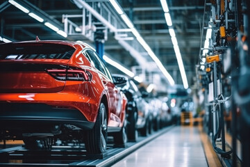 Assembly line for the production of modern cars. The final stage of assembly and testing during production. Quality control. Automated assembly. Modern technologies. - obrazy, fototapety, plakaty