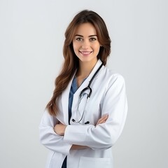 Female doctor wearing a white coat and stethoscope. Isolated on white.