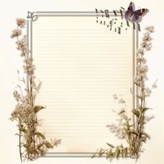 Obraz premium Note paper, picture frames, flowers, leaves, butterflies, musical notes