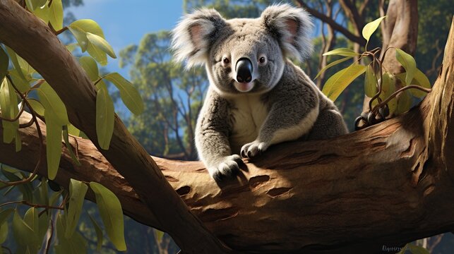 Funny koala Bear sitting in a tree. AI generated image