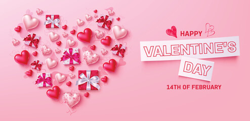 Happy valentine's day text vector design. Valentine's balloons and gift boxes in heart shape decoration elements for february  greeting card. Vector illustration hearts day invitation card.
