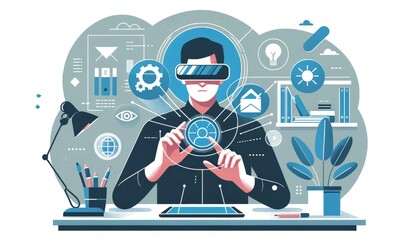  Flat minimalistic illustration of a person, wearing an AR glasses and interacting with virtual icons, representing augmented reality technology. The background is a stylish office space