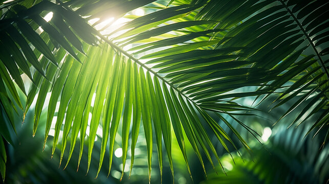 green palm leaves in tropical sunlight in the morning