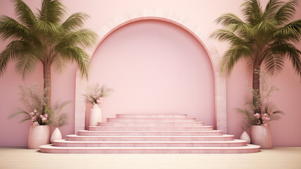 Fototapeta premium Pink arched doors and coconut tree decorations on the stairs