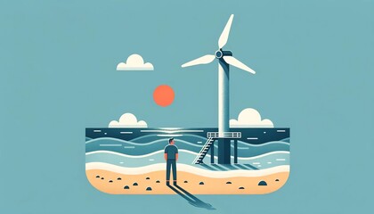 Flat minimalistic illustration of an individual standing next to a tidal energy converter placed at the shoreline, symbolizing renewable energy from ocean tides.
 - obrazy, fototapety, plakaty