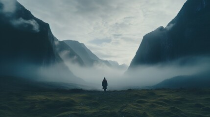 Mountain and Person Standing in the Middle. Freedom, Adventure, Loneliness, Self Awareness Concept
 - obrazy, fototapety, plakaty