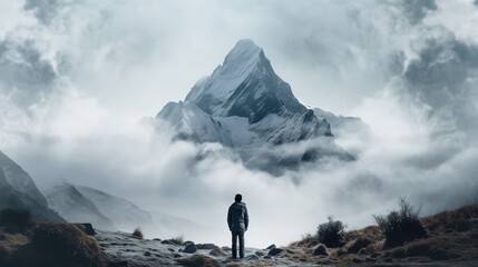 Mountain and Person Standing in the Middle. Freedom, Adventure, Loneliness, Self Awareness Concept
