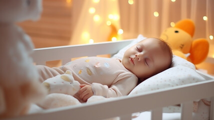 Baby sleeps in white crib