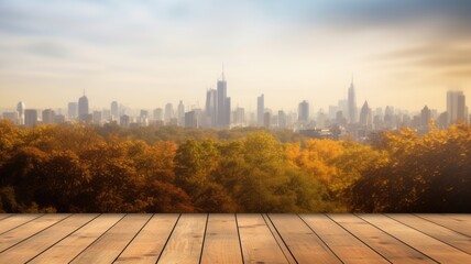 The empty wooden table top with blur background of nature skyline in autumn. Exuberant image. generative AI