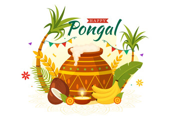 Happy Pongal Vector Illustration of Traditional Tamil Nadu India Festival Celebration with Sugarcane and Plate of Religious Props in Flat Background