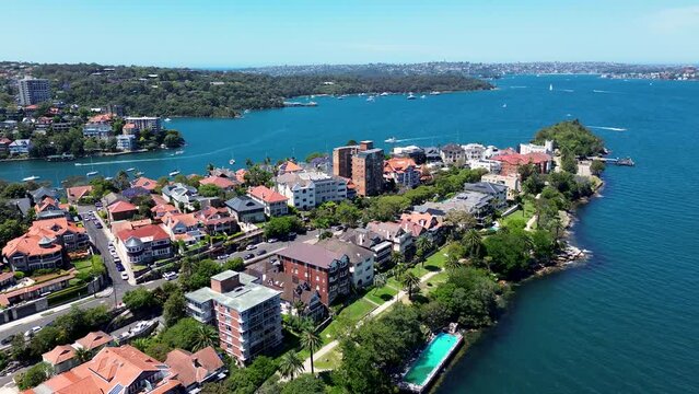 Drone aerial scenery view Mosman bay Bradleys Head Cremorne Point housing residential apartments sea inlet reserve Sydney Harbour travel tourism CBD NSW Australia