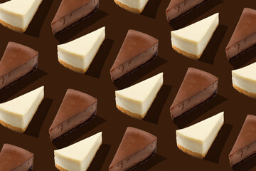 Vanila and chocolate piece slice cheesecake pattern on brown background isolated