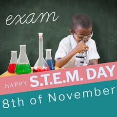 Composite of happy stem day, 8 nov, exam text with african american schoolboy using microscope