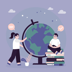 Boy and girl exploring giant globe. Children study geography. education and primary class. Students studying world map. Smart and curious kids. Classmates with textbooks and globe