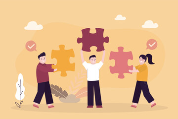 Various kids hold puzzle pieces as together solve problem together and demonstrate teamwork in learning process. Friendly kids learn communication and collaboration to achieve goals